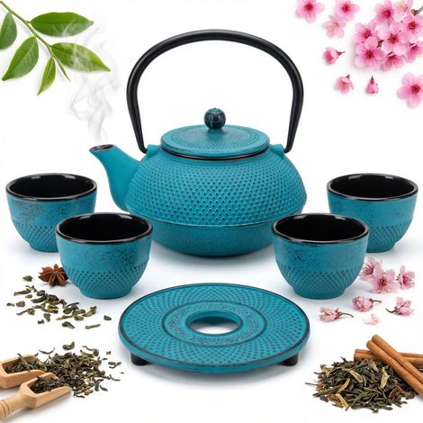 BOLLITORE IN GHISA 1,5L 5 PEZZI INFUSORE TURCHESE PER TÈ SET REGALO 4 TAZZE
