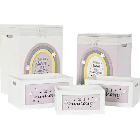 Panier blanc bois pratique pour rangement déco - Blanc avec nuance pastel et motifs arc-en-ciel (1/5)