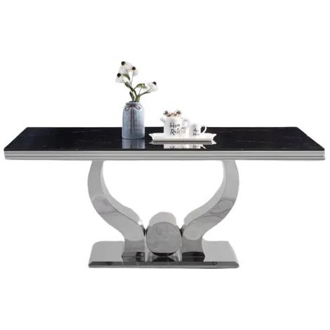 Table à manger TROFY 4 à 6 personnes 150x90 cm chrome plateau en verre effet marbré noir