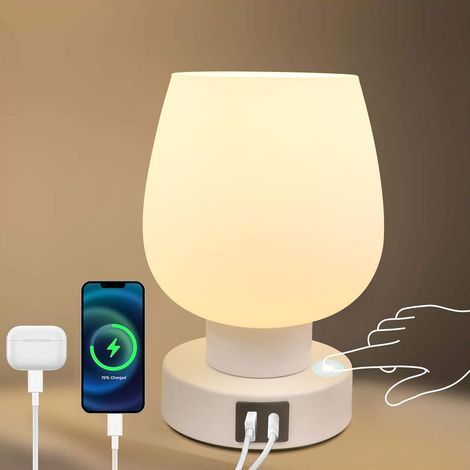 Lampe de chevet - petite lampe tactile pour table de chevet de chambre à coucher, dimmable à 3 voies, abat - jour en verre opale blanc, Ampoule LED chaude incluse (1/5)