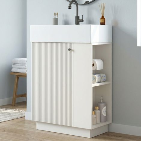 Mueble bajo lavabo de baño (55x32x87 cm), con lavabo cerámico, almacenaje práctico, cierre suave, MDF y blanco (1/5)