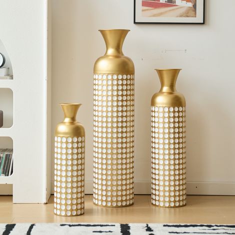 Vases sol doré pois blancs – Lot 3 – Empilables – Fleurs séchées/Pampa – Salon/Couloir/Hôtel – Non étanche (1/5)