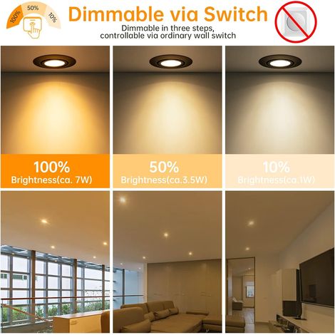 faretti LED da incasso da 7 W, neri, dimmerabili, IP44, extra piatti, 220 V, rotondi, regolabili, bianco caldo 2800 K, luci da soffitto per bagno, 700 lm, equivalenti a una lampadina alogena da 70 W (1/4)