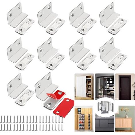 Confezione da 10 chiusure magnetiche per porte, armadietti e cassetti in acciaio inossidabile, autoadesive, argento, a forma di L (1/5)