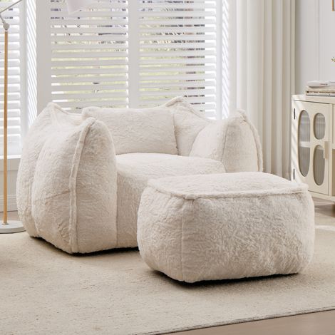 Divano a sacco con poggiapiedi e cuscino, design ergonomico, schiuma ad alta densità, pelliccia sintetica - beige (1/5)