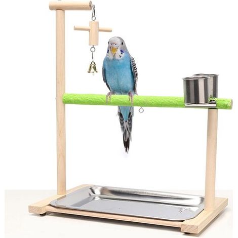 Parque de juegos para pájaros - Madera natural - Soporte de juego - Comederos - Bandeja extraíble - Para periquitos, cacatúas y agapornis (1/5)