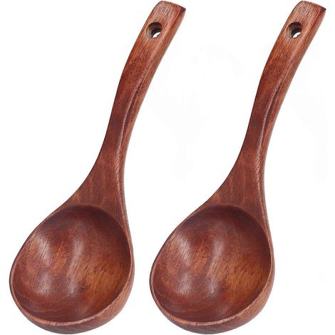 Lot de 2 cuillères en bois lavables, style moderne et épuré, manche perforé, matériau naturel, ustensile de cuisine, 17,5 cm (1/4)