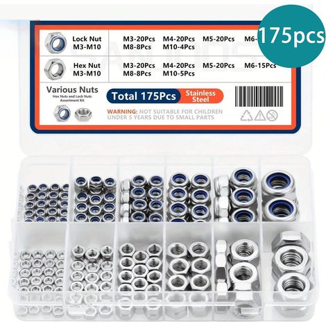 175 selbstsichernde Muttern aus Edelstahl, Sortiment hexagonaler Metallmuttern (M3, M4, M5, M6, M8, M10), gebrauchsfertige Box (1/4)