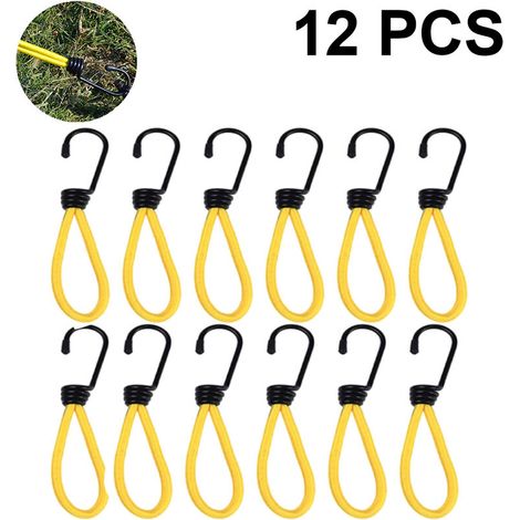 Lot de 12 crochets élastiques de 15 cm, peinture antirouille, crochets en fil spiralé avec corde élastique réfléchissante séparable, crochets de fixation robustes pour le camping et le trekking.