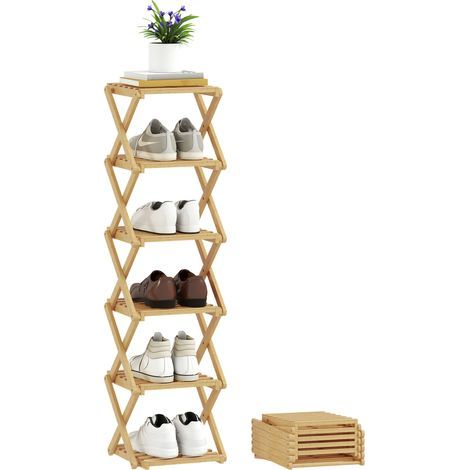 Scaffale per scarpe pieghevole a 6 livelli in bambù, può contenere fino a 9 paia di scarpe, 30 x 29 x 108 cm, naturale (1/5)