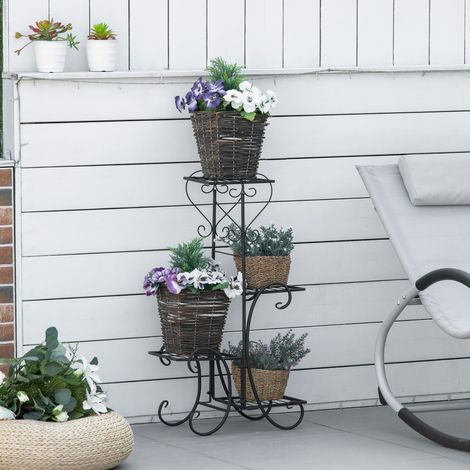 Supporto per fiori in metallo Outsunny, scaffale per piante a 4 livelli, scala per fiori, supporto per fiori per uso interno ed esterno, giardino, balcone, nero, 45 x 24,5 x 80 cm