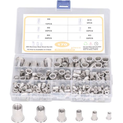 Écrous rivetés M3-M10 en acier inoxydable 304, tête plate, 170 pièces, écrous filetés durables pour fixation solide (1/5)