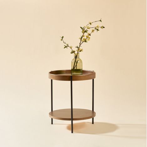 Table basse en bois massif et MDF noyer, ronde 2 plateaux, Ø69 cm (1/5)
