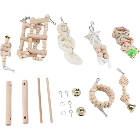 Lot de 8 jouets en bois pour perroquets : balançoire, jouet à mâcher, nid suspendu, échelle en spirale, perchoir vertical. (1/5)