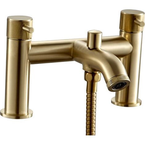 Round Deck Mounted Bath Shower Mixer Tap with Industrial Style Detailing - Brushed Brass