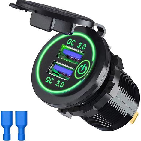 Chargeur USB de voiture - Double port QC 3.0 - Anneau LED vert - Gaines de câbles bleues (1/4)