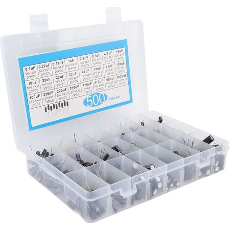 Kit échantillon de 500 condensateurs électrolytiques traversants, 0,1µF à 1000µF, 16V-50V, 24 valeurs différentes (1/5)