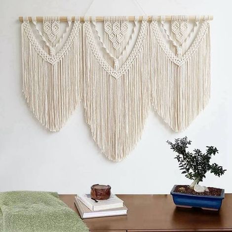 Bohemian tapestry with tassels made of single colour cotton rope, hand-woven Nordic ornament, simple decorative partition. (1/5)
