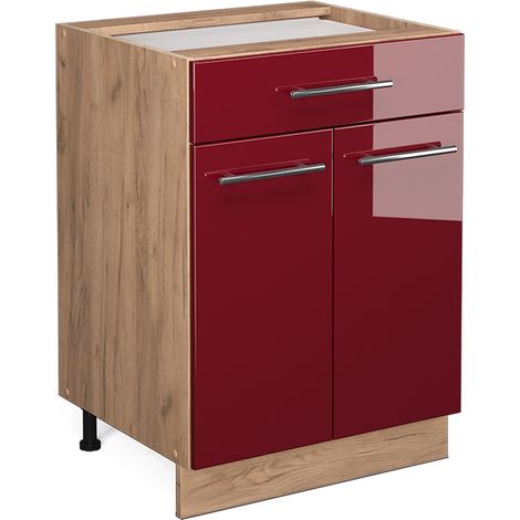 Mueble bajo de cocina Fame-Line, Rojo Burdeos alto brillo, 60 cm con cajón, sin encimera, Vicco