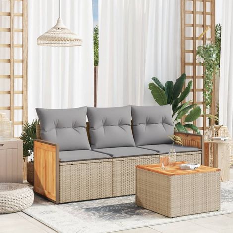 Salon de Jardin Modulaire 3 Places en Résine Tressée Beige avec Table Acacia et Coussins Gris Capucine Marlow (1/3)
