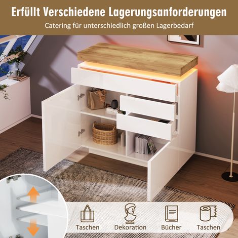 Meuble de rangement blanc, buffet haut brillant avec 2 portes et 3 tiroirs, éclairage LED (contrôle via appli), armoire polyvalente pour salon et chambre, 115 x 110 x 39 cm. (1/5)