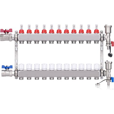 Kit Collecteur Radiateur, 11 Circuits Distributeur Chauffage, avec Vannes à Boisseau Sphérique 1", avec Purgeur Manuel et Débitmètre, Raccords pour Eurocône 3/4, Distributeur HKV