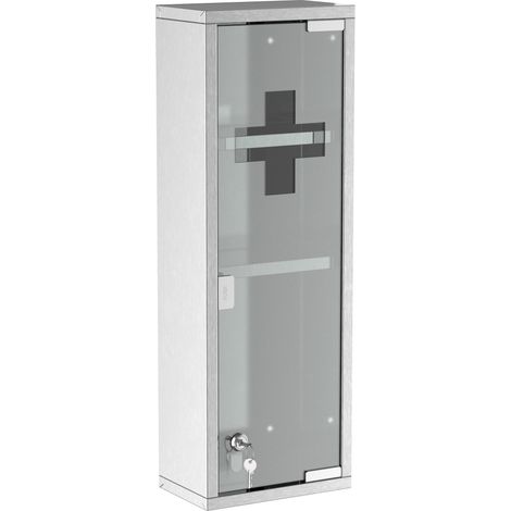 Armadietto medico in acciaio inox con anta in vetro temperato, armadietto per medicinali a 3 scomparti con serratura, armadietto di pronto soccorso, 20 x 12 x 58 cm, argento