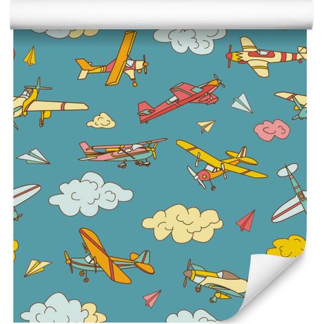 Papel pintado con coloridos aviones de estilo retro para salón y dormitorio, 50x1000 cm. (1/5)