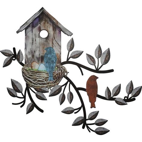 Décoration murale métallique pour jardin - Nichoir vintage noir et mangeoire - Décoration en fer (inclut 2 vis) (1/4)