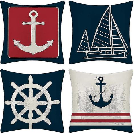 Set mit 4 dekorativen Sofakissenbezügen im maritimen Stil mit Kompass- und geometrischem Muster (45 x 45 cm) - (1/5)