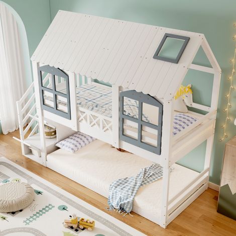 Lit superposé enfant, lit cabane avec toit et fenêtre, barrière de sécurité, 3 casiers dans l’escalier, rangement spacieux, pin+MDF, blanc+gris, 90x200 cm (1/5)