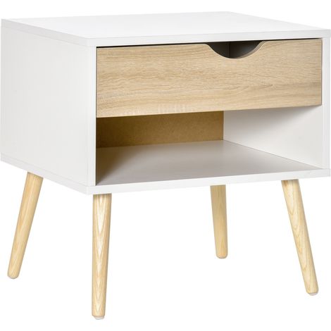 Moderner HOMCOM Nachttisch in Weiß und Naturholz, mit Schublade, Massivholzbeinen, 50x39x51 cm, Nachtablage.