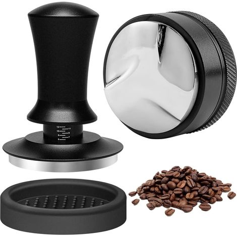 Kaffeetamper- und Dosierset, 58-mm-Kalibrierter Tamper mit Feder, Edelstahl 304, Barista-Café-Set, 58-mm-Espresso-Kaffeetamper und -Dosierer, mit Silikonmatte für Kaffeeliebhaber (1/5)
