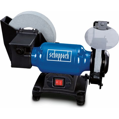 Scheppach Touret Mixte BG200W - 4903201918–9930 - Moteur à induction - 250W - Meules Ø200 mm- Pare-éclats ajustables - Porte-outils réglables - Lampe orientable - Récipient d'eau intégré (1/5)