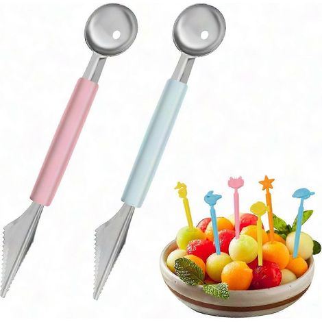 Melonenlöffel mit Obstgabeln, 2er-Set Edelstahl-Löffel im Pariser Stil für Wassermelone, Melone, Cantaloupe-Melone und Eiscreme, 2-in-1-Besteck (1/4)