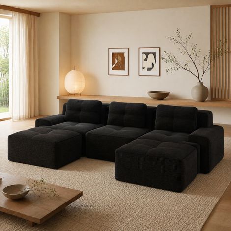 Sofá modular en U de pana negra con otomana, sin montaje, 3 plazas (1/5)