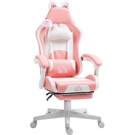 Ergonomischer rosa Gaming-Stuhl mit Katzenohren, Fußstütze und Lordosenstütze (1/4)