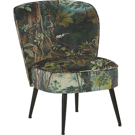 Beliani – Fauteuil crapaud bas en tissu vert foncé – Imprimé jungle multicolore – Rembourrage épais pour confort optimal – Pieds en métal noir (1/5)