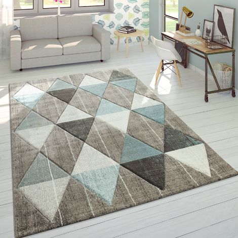 Paco Home – Alfombra shaggy contorneada en colores pastel – Rombos beige y azul – 120x170 cm – Material 100% polipropileno – Fácil mantenimiento y apta para suelos radiantes (1/4)