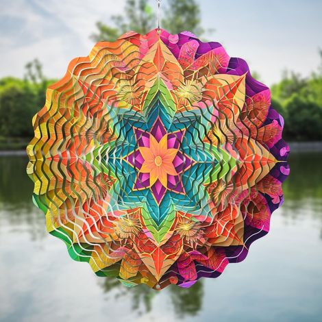 Bunte Mandala-Windmühle, Metall 30×30 cm, hängende Gartendekoration für den Außenbereich (1/5)
