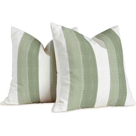 Lot de 2 Housses de Coussins Rayures Blanc 40x40cm Sauge Vert Housse Coussin Moderne Coussin Decoratif Canape Taie d'oreiller Vintage Lin Decoration pour Jardin Extérieur Chambre Salon (1/5)