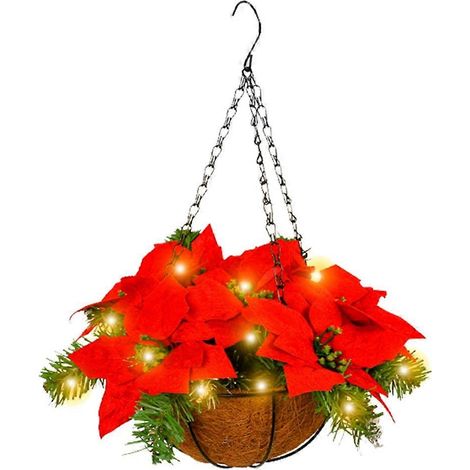Hängender Weihnachtskorb mit roten Blumen, ideal zur Dekoration von Garten oder Veranda. (1/5)