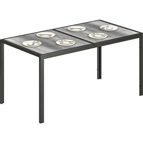 Table de jardin pour 4 à 6 personnes avec plateau imitation bois, en acier et plastique PSPC, 150 x 80 x 74 cm, gris et noir (1/5)