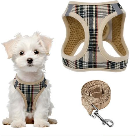 Harnais pour Petit Chien Anti-Traction Réfléchissant en Tissu Doux à Carreaux Beige XS (1/5)