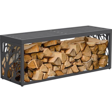 ML-Design Range-bûches pour intérieur et extérieur avec banc, acier galvanisé, conception 2-en-1 motif branches, rangement bois de chauffage, support d'empilage résistant aux intempéries, 120x38x43 cm (1/5)