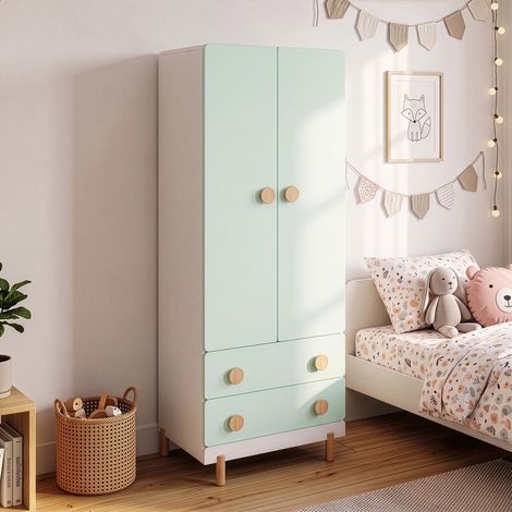 Kinderkleiderschrank Vaarentaa 156x60x41 cm Weiß/ Mintgrün [en.casa] (1/5)