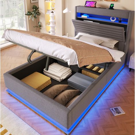 DESVIAE Lit coffre capitonné 90 x 200 cm avec LED USB Type C rangement hydraulique tête de lit rembourrée lin gris (1/5)