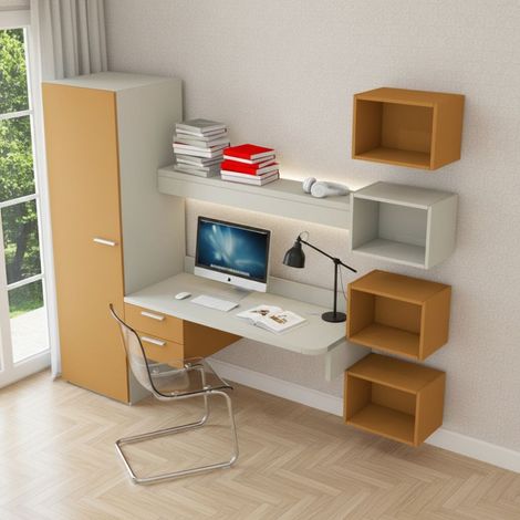 Scrivania sospesa design con mensola luminosa, pensili e armadio - Ecru e Zolfo (1/5)