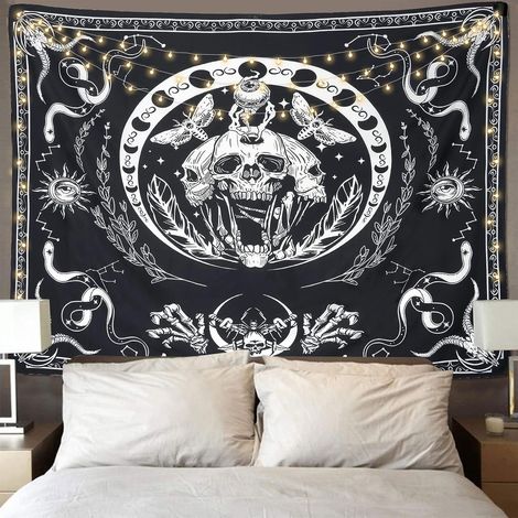 CSPARKV Skull Wall Tapestry Black and White Skeleton Tapestry Snake Moth Tapestry Mandala Moon Wall Hanging for Bedroom Aesthetic Dorm Decor (1/5)