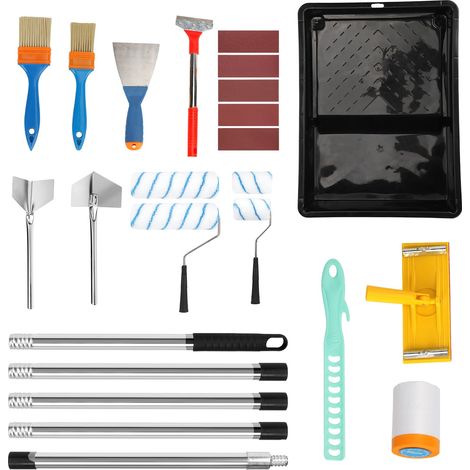 Lot de 16 rouleaux de peinture avec barre d'extension en acier inoxydable de 2 m, bac à peinture, pinceau, grattoir, rouleau de peinture, kit de peinture murale pour murs (1/5)